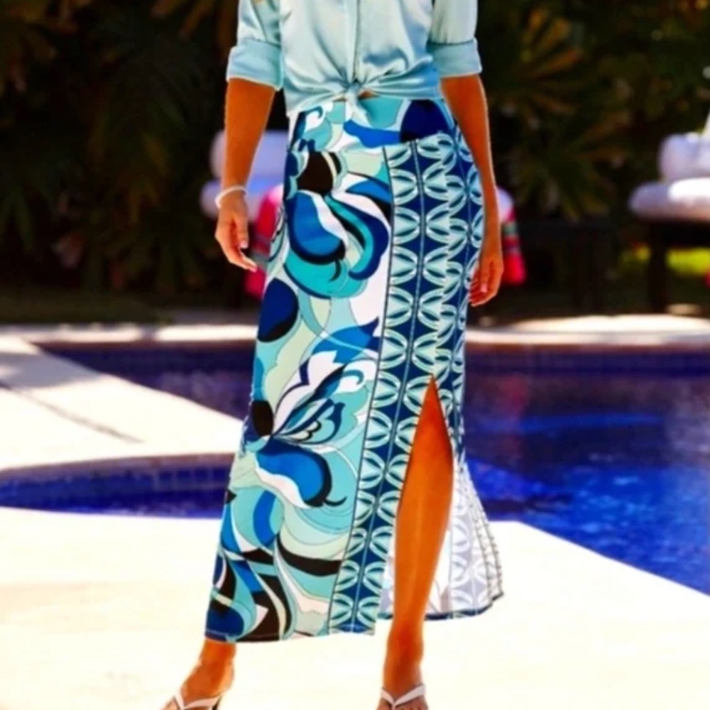 Blue wave side slit printed maxi skirt